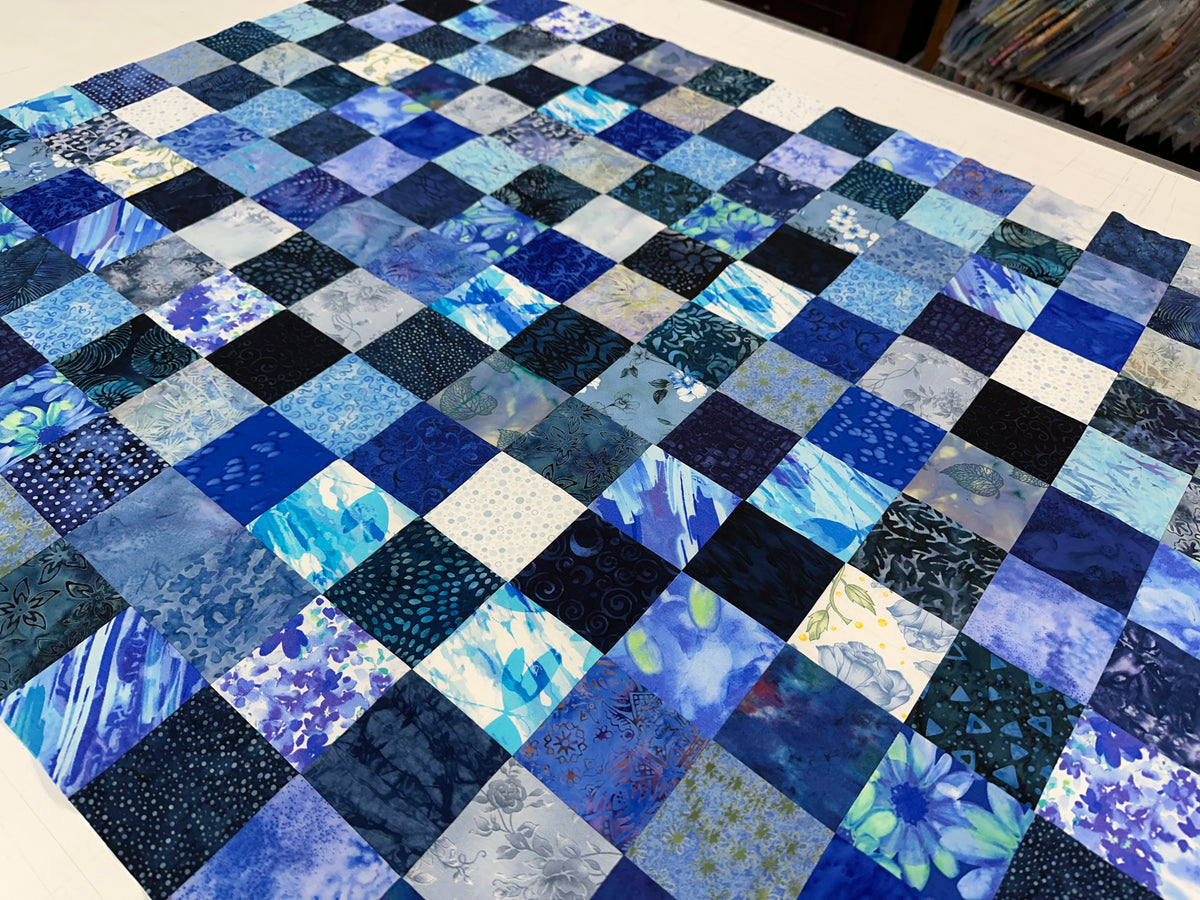 Handmade Blue Batik Unfinished Quilt Top, 36"x44", Lap Crib Throw Quilt Size