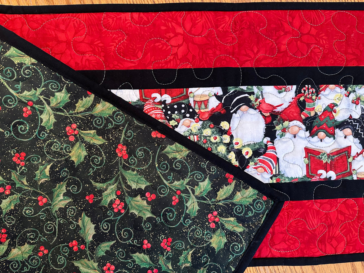 Christmas Gnomes Quilted Table Runner, Handmade Holiday Table Decor, 13x41