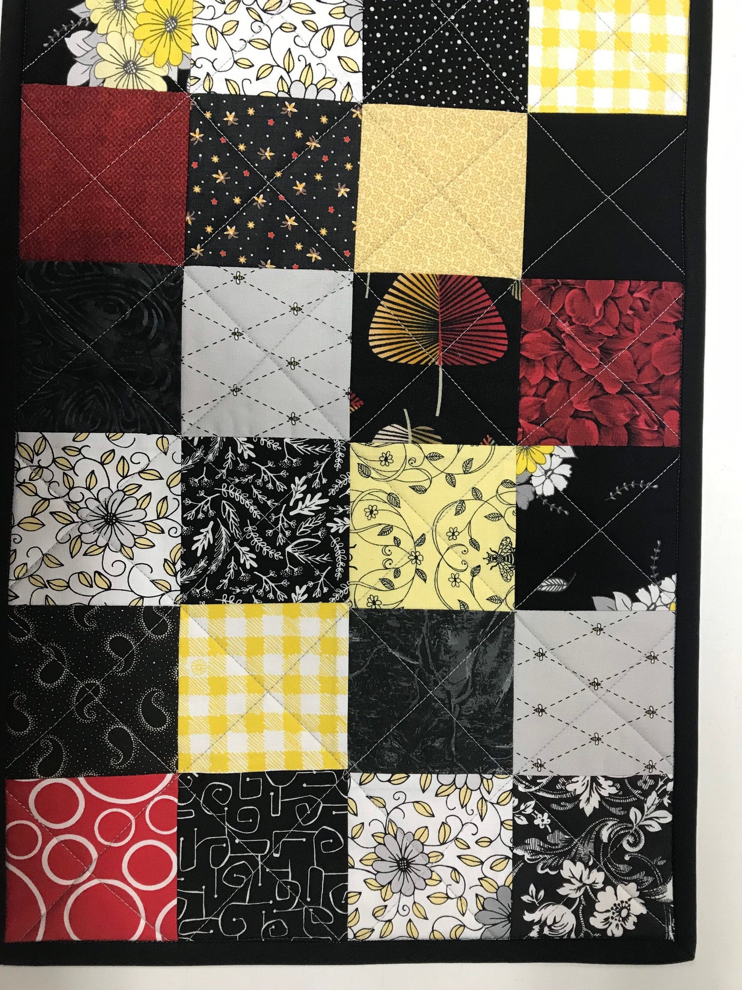 Quilted Table Runner: Black, Red, Yellow Patchwork Centerpiece - Modern Farmhouse Decor (12x39)