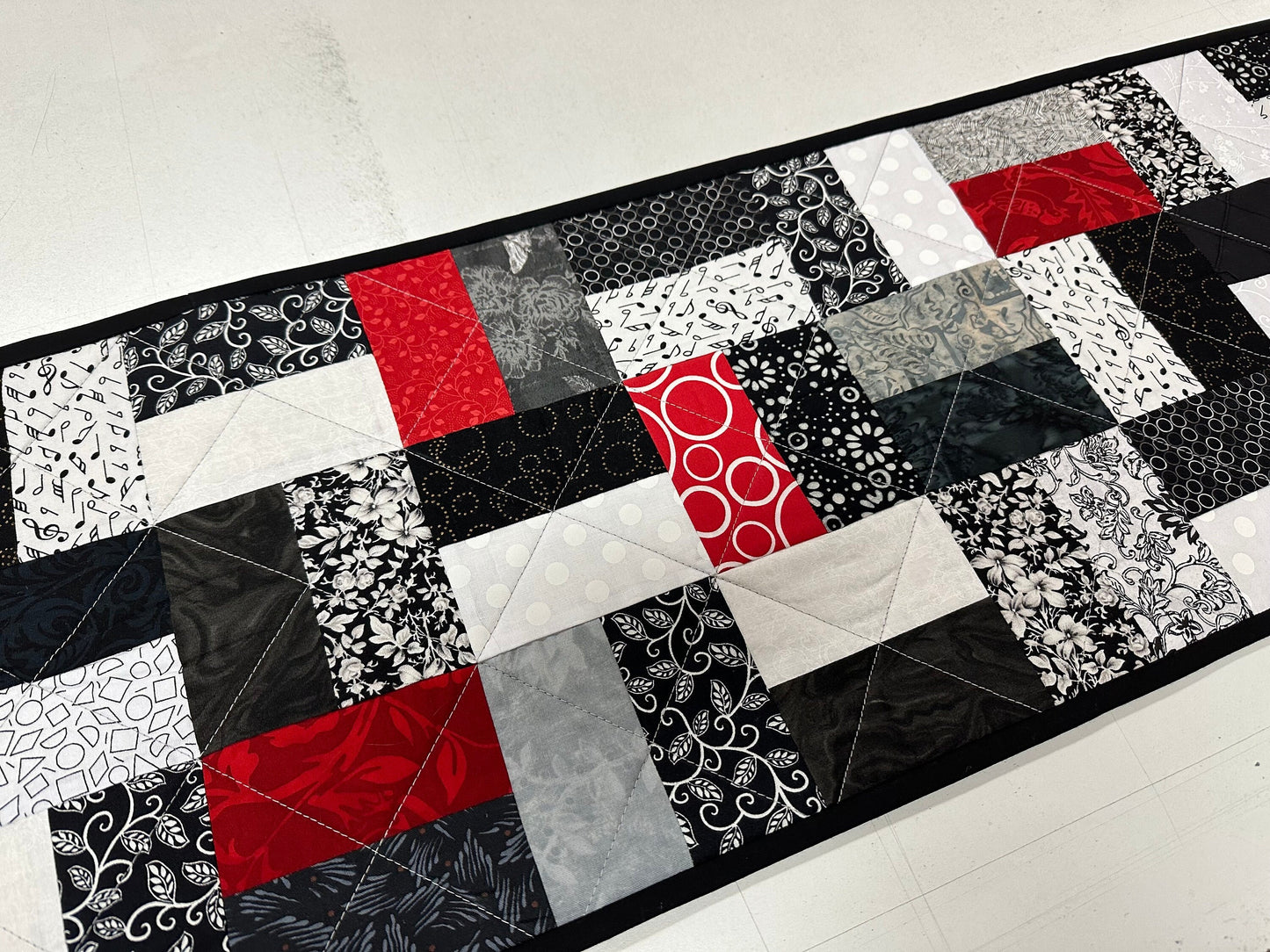 Handmade Quilted Table Runner: Black, Red & White Centerpiece for Home Decor (12x40 inches)