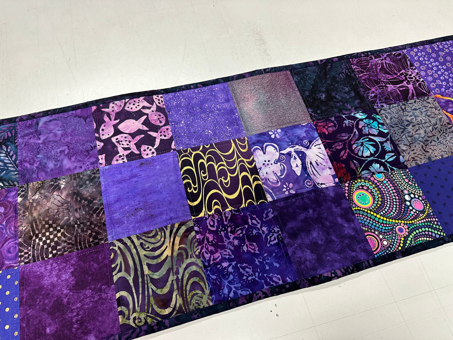 Handmade Purple Batik Quilted Table Runner: Floral Cotton Centerpiece 14x50