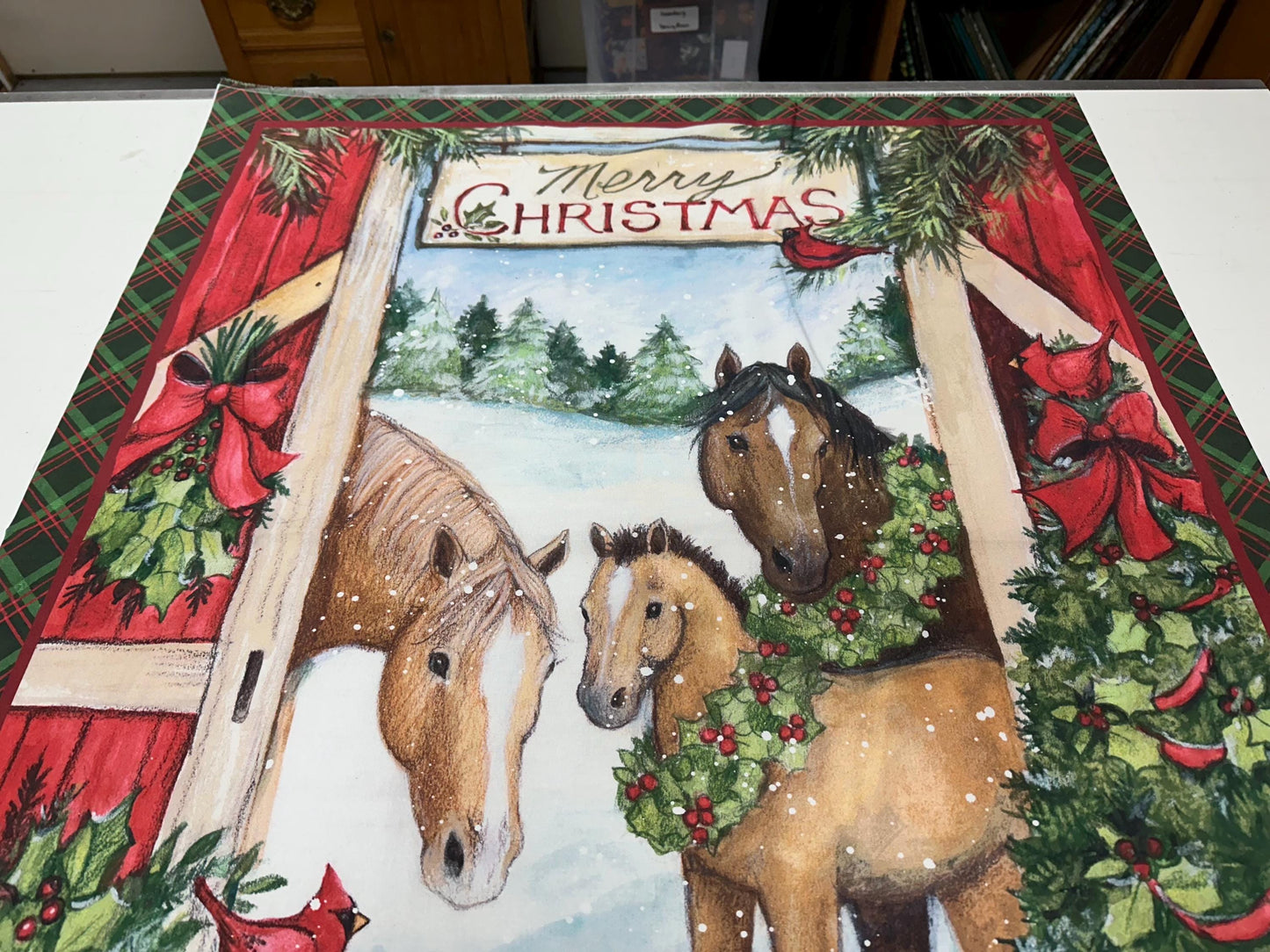 Winter Farmhouse Horse Scene Fabric Panel for Quilting, Sewing, Crafting - 36x45 Cotton Christmas Decor