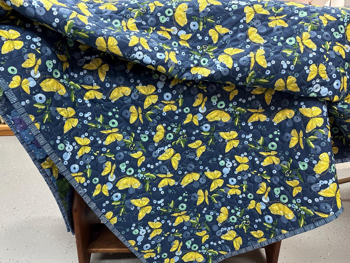 Handmade Patchwork Quilt, Blue Yellow Butterflies - Floral Sofa Throw - 59x72