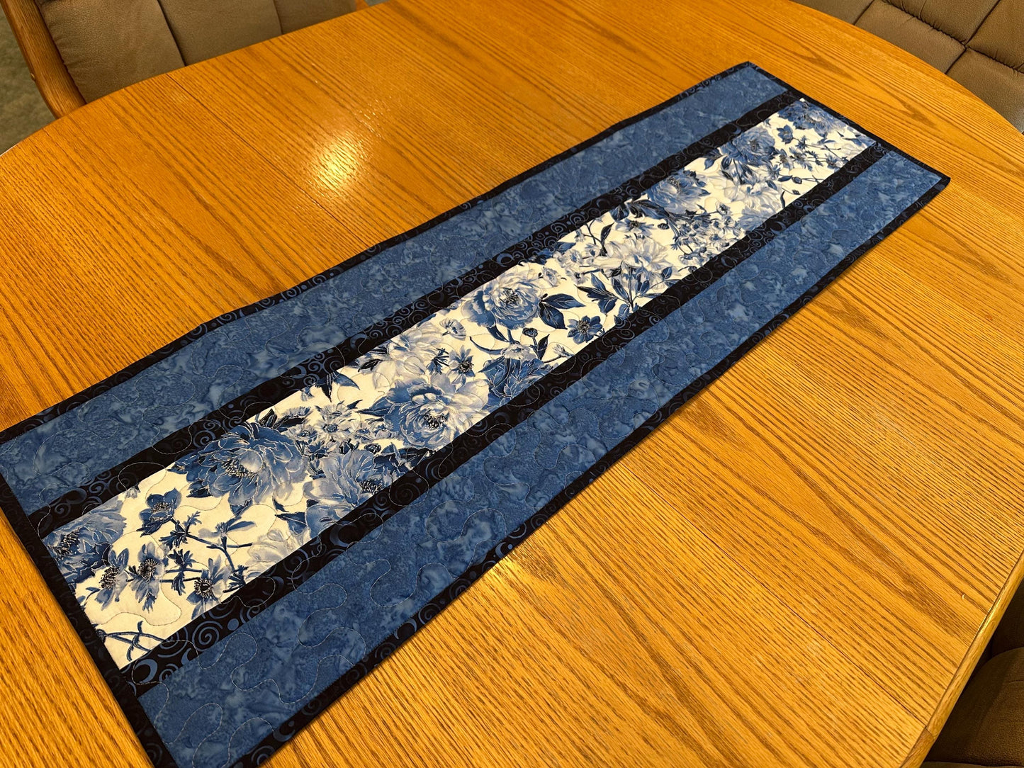 Blue Floral Quilted Table Runner, 14 x 42, Handmade Kitchen Decor Centerpiece