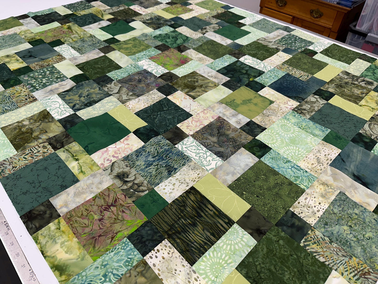 Unfinished Green Batik Quilt Top: Lap/Sofa Throw Size 45x58 inches, Ready for Quilting