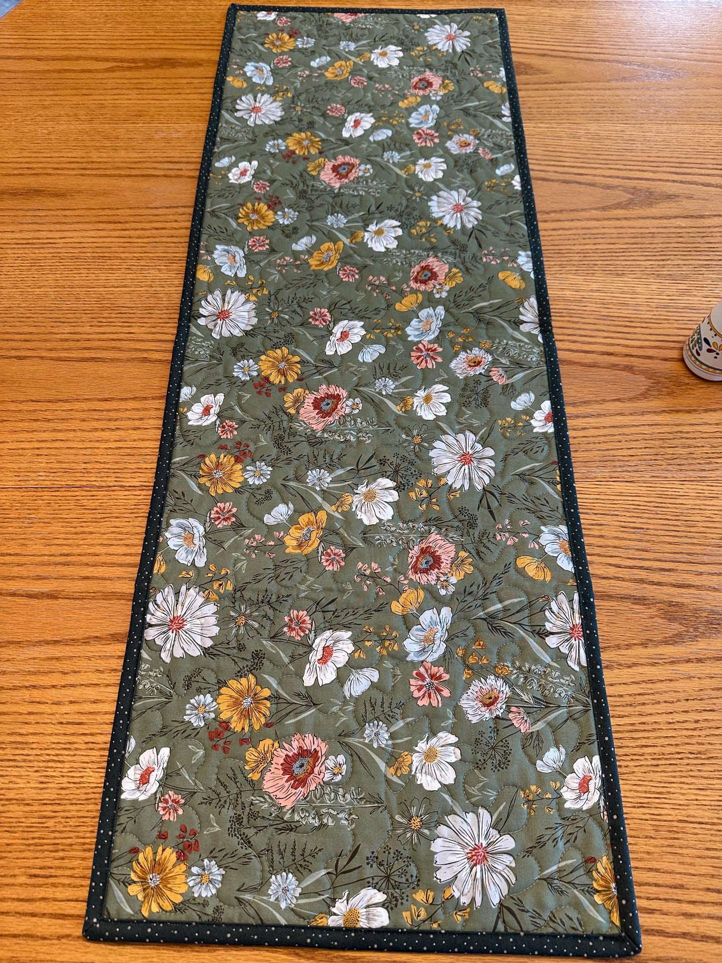 Green Floral Quilted Table Runner: 14 x 40, Handmade Kitchen Centerpiece Seasonal Home Decor