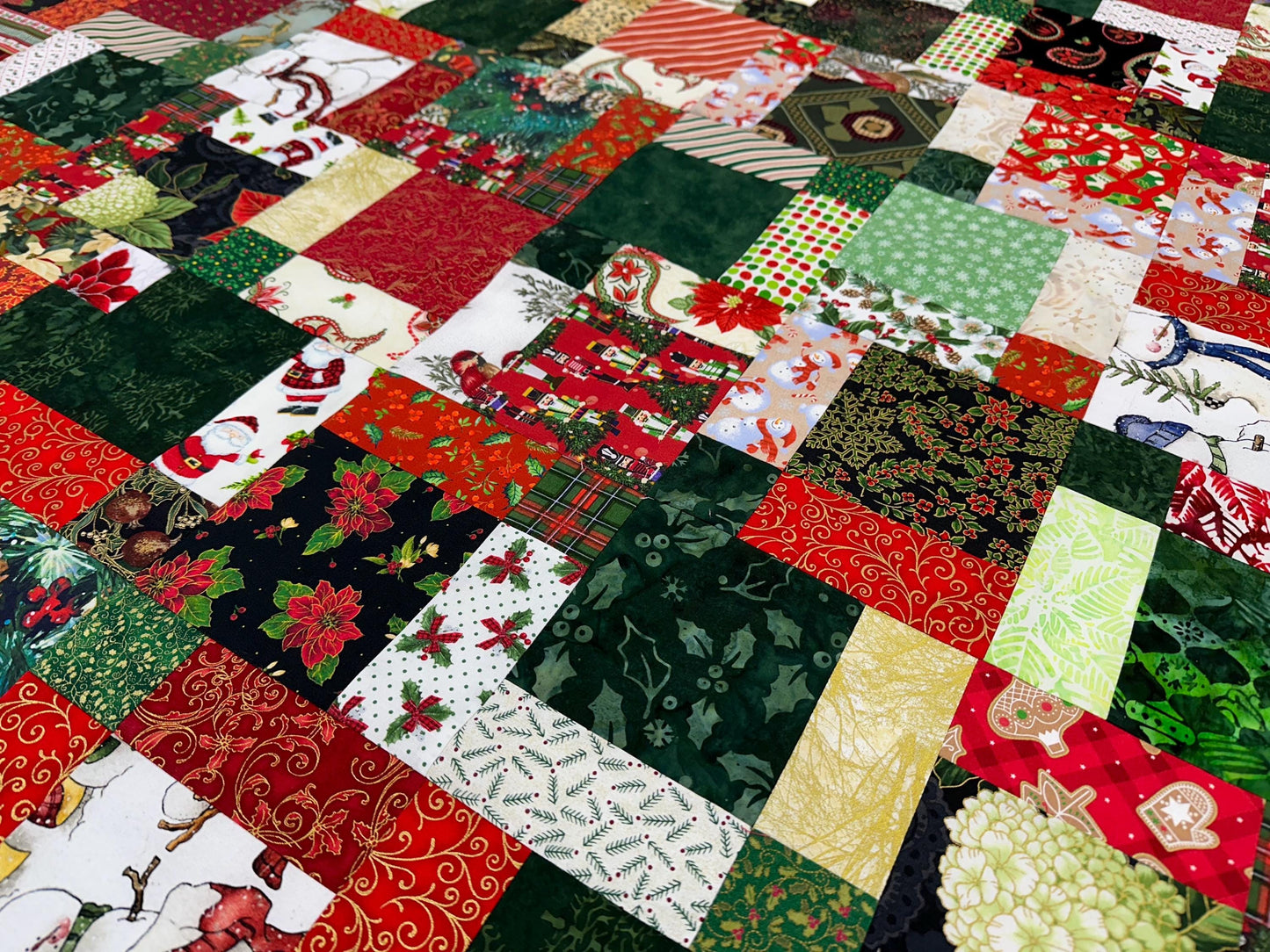 Festive Patchwork Christmas Quilt Top: Unfinished Handmade Lap Throw in Red & Green, 45x58 inches