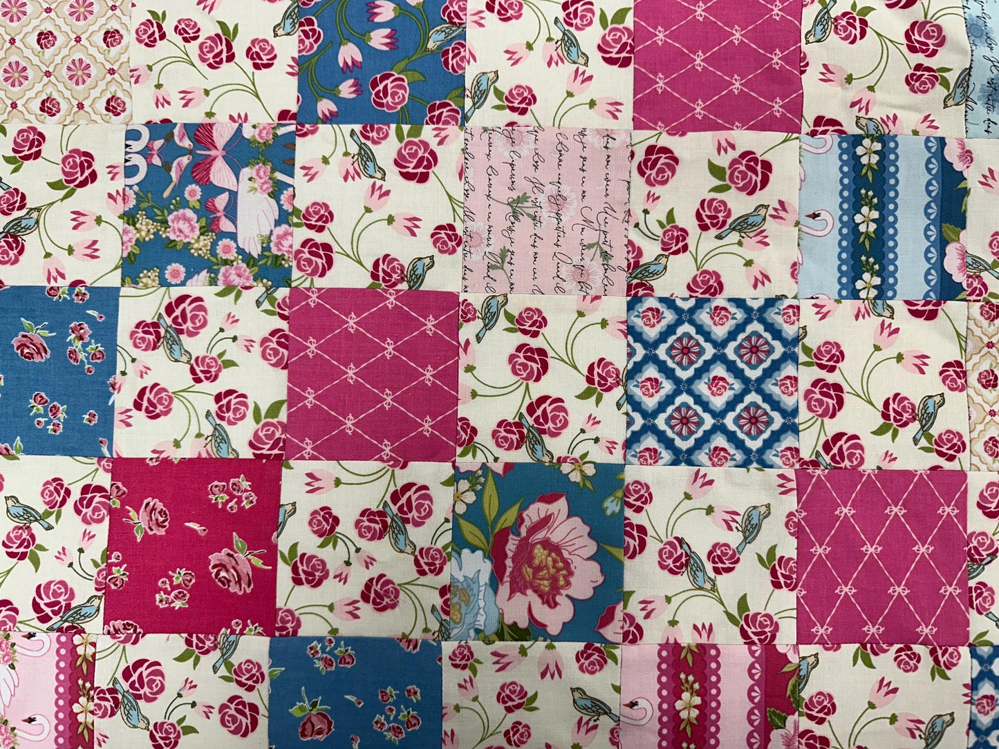 Handmade Pink and Blue Floral Unfinished Quilt Top: Lap Quilt (42" x 51")