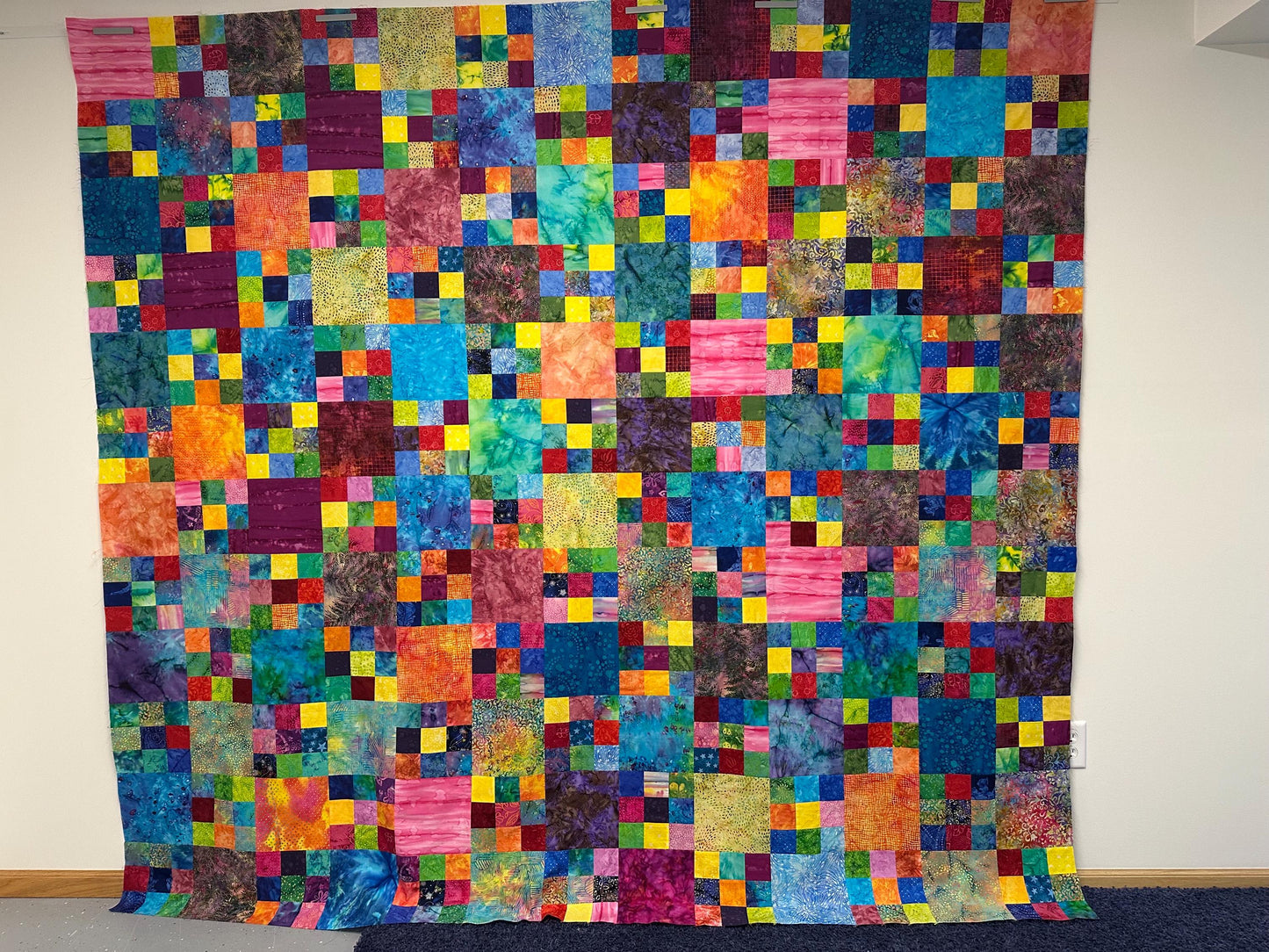 Handmade Batik King Queen Size Unfinished Quilt Top 98x90 Patchwork Floral Blanket Modern Bed