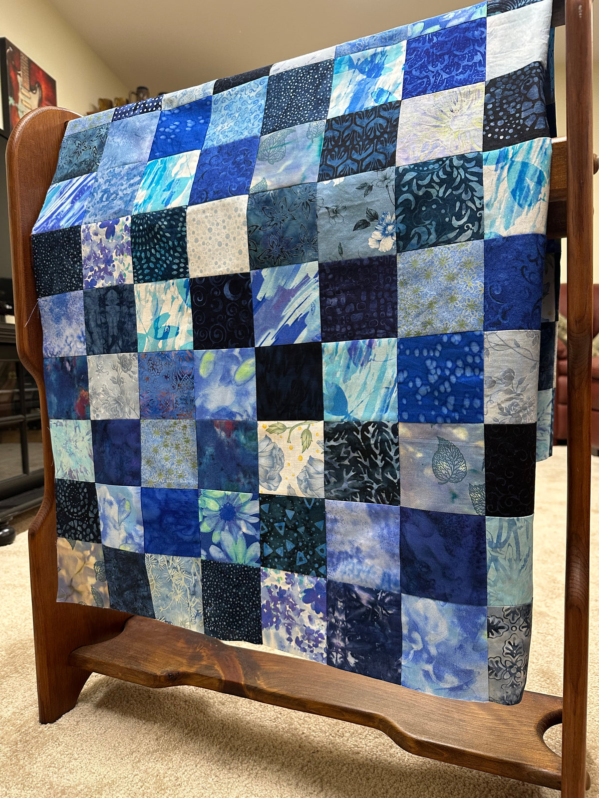 Handmade Blue Batik Unfinished Quilt Top, 36"x44", Lap Crib Throw Quilt Size