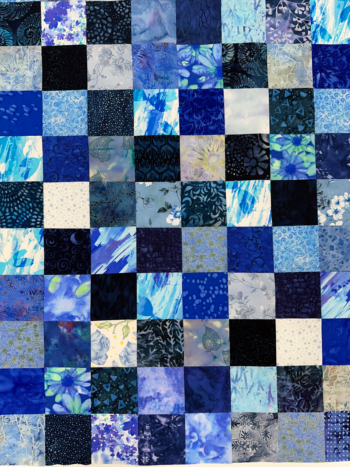 Handmade Blue Batik Unfinished Quilt Top, 36"x44", Lap Crib Throw Quilt Size