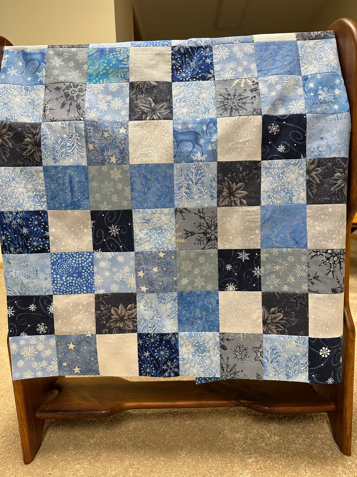 Handmade Christmas Unfinished Quilt Top – Blue, Silver, & White – 36" x 45"
