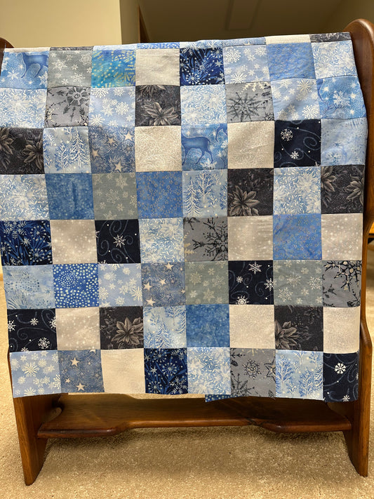 Handmade Christmas Unfinished Quilt Top – Blue, Silver, & White – 36" x 45"
