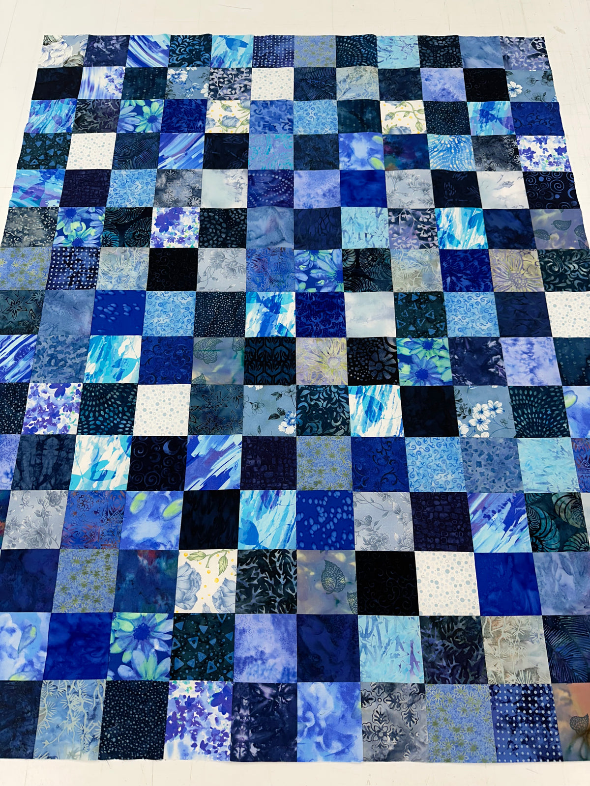 Handmade Blue Batik Unfinished Quilt Top, 36"x44", Lap Crib Throw Quilt Size