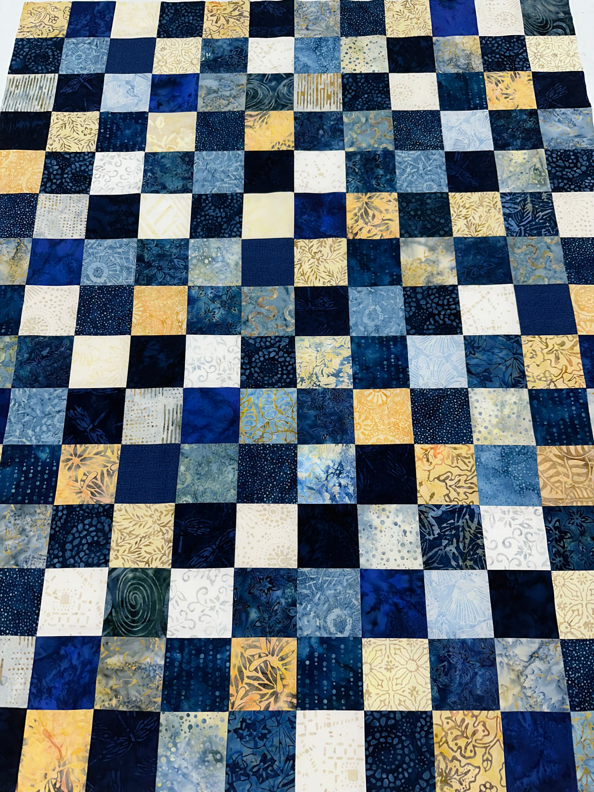 Handmade Blue Batik Unfinished Quilt Top, 36"x44", Lap Crib Throw Quilt Size