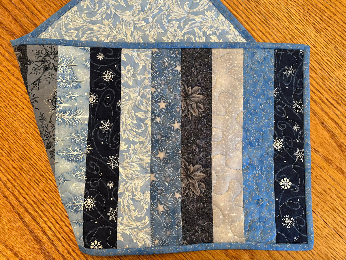 Blue Silver Snowflakes Winter Table Runner Quilted 13x32", Hanukkah Christmas