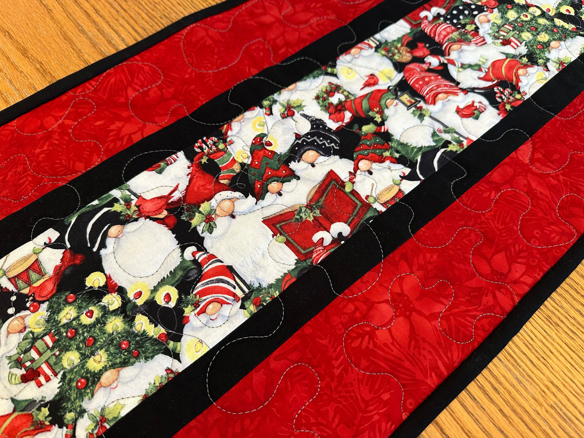 Christmas Gnomes Quilted Table Runner, Handmade Holiday Table Decor, 13x41
