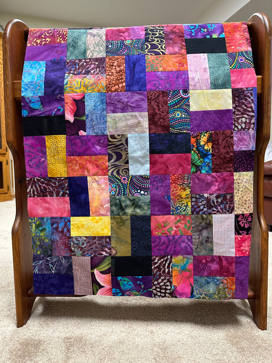 Handmade Purple & Pink Batik Quilt Top, 36"x44", Lap Crib Quilt Size