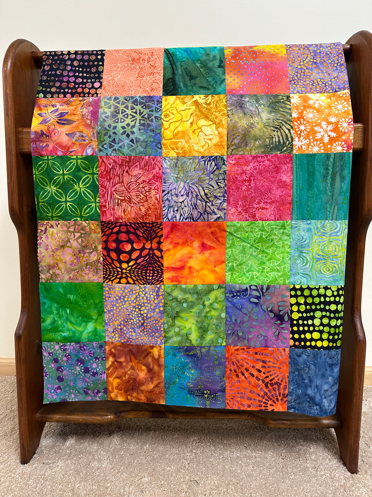 Handmade Batik Quilt Top in Bold Muli-Colors, Lap Size, 36" x 45"