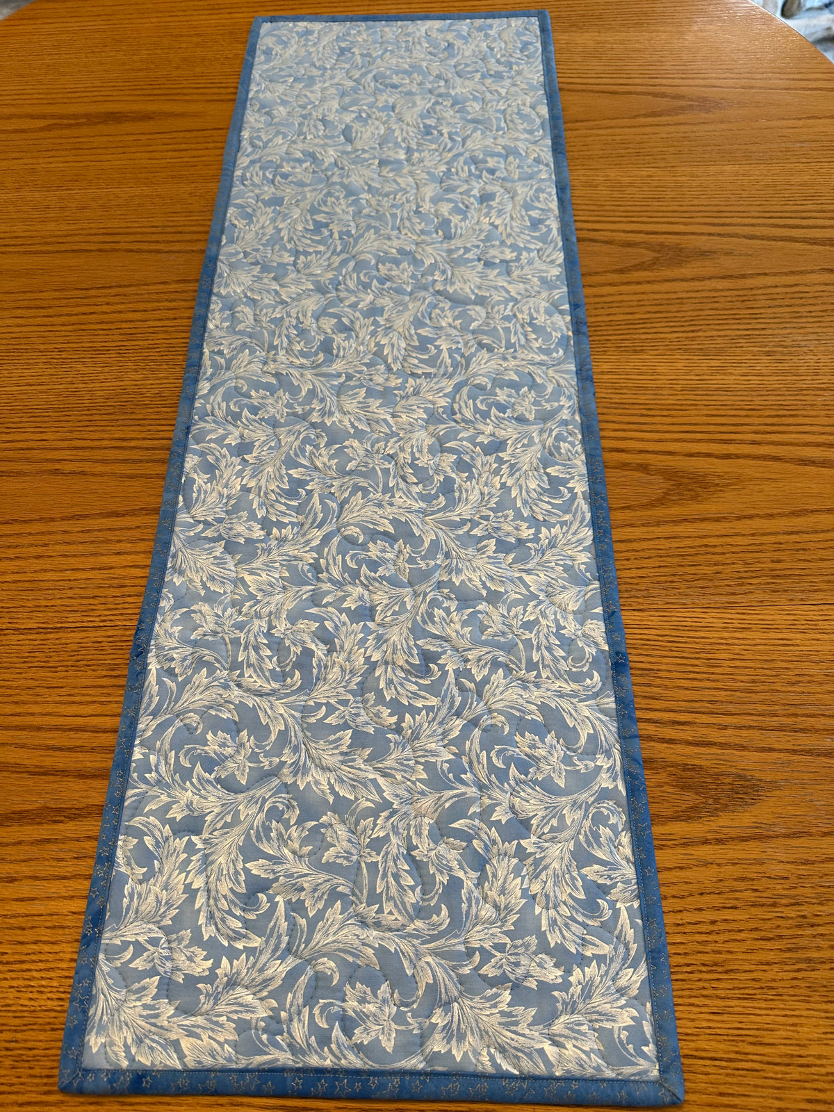 Blue Silver Snowflakes Winter Table Runner Quilted 13x40", Hanukkah Christmas