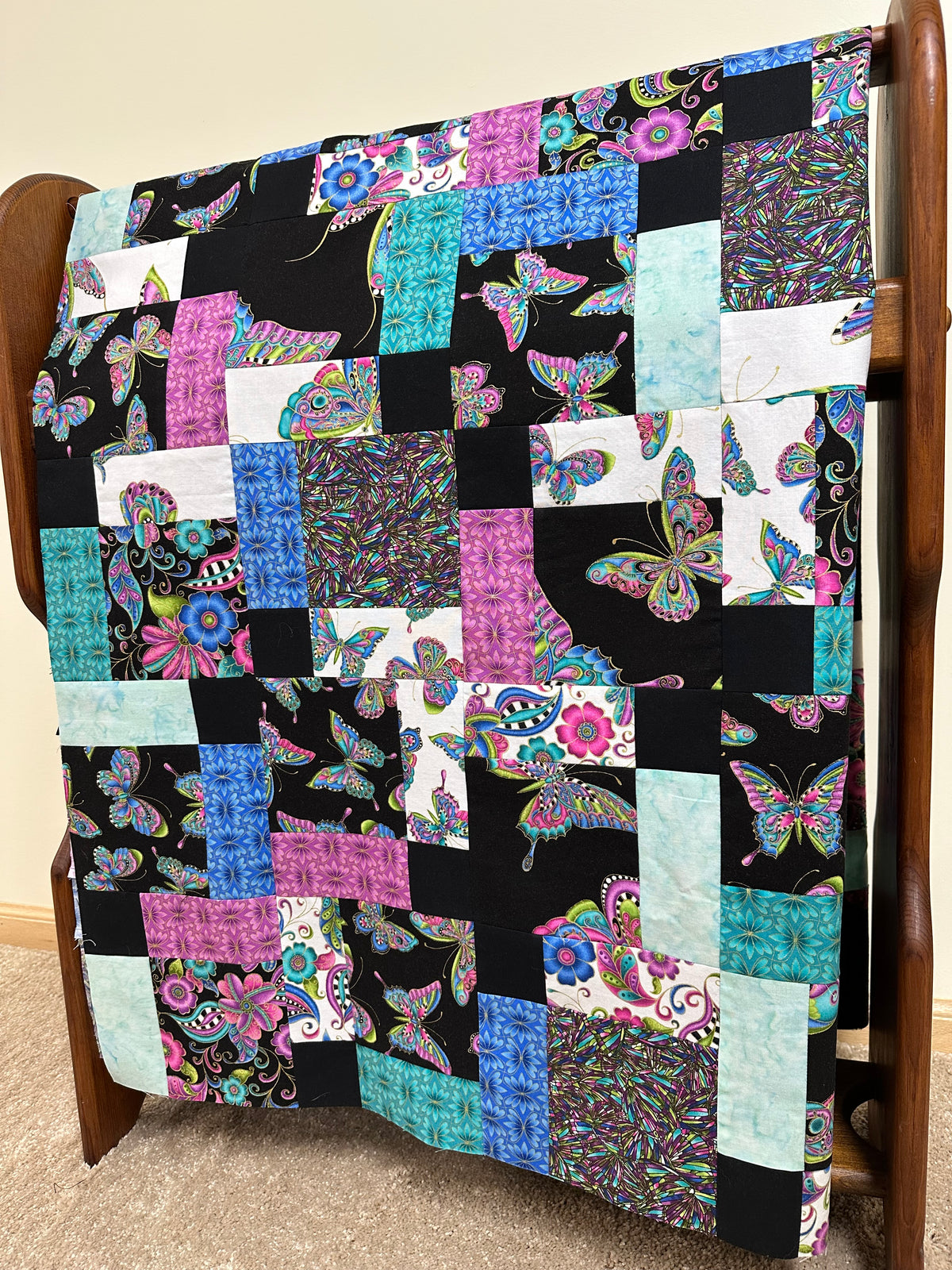 Handmade Floral Unfinished Quilt Top: Butterflies, Lap Quilt (45" x 58")