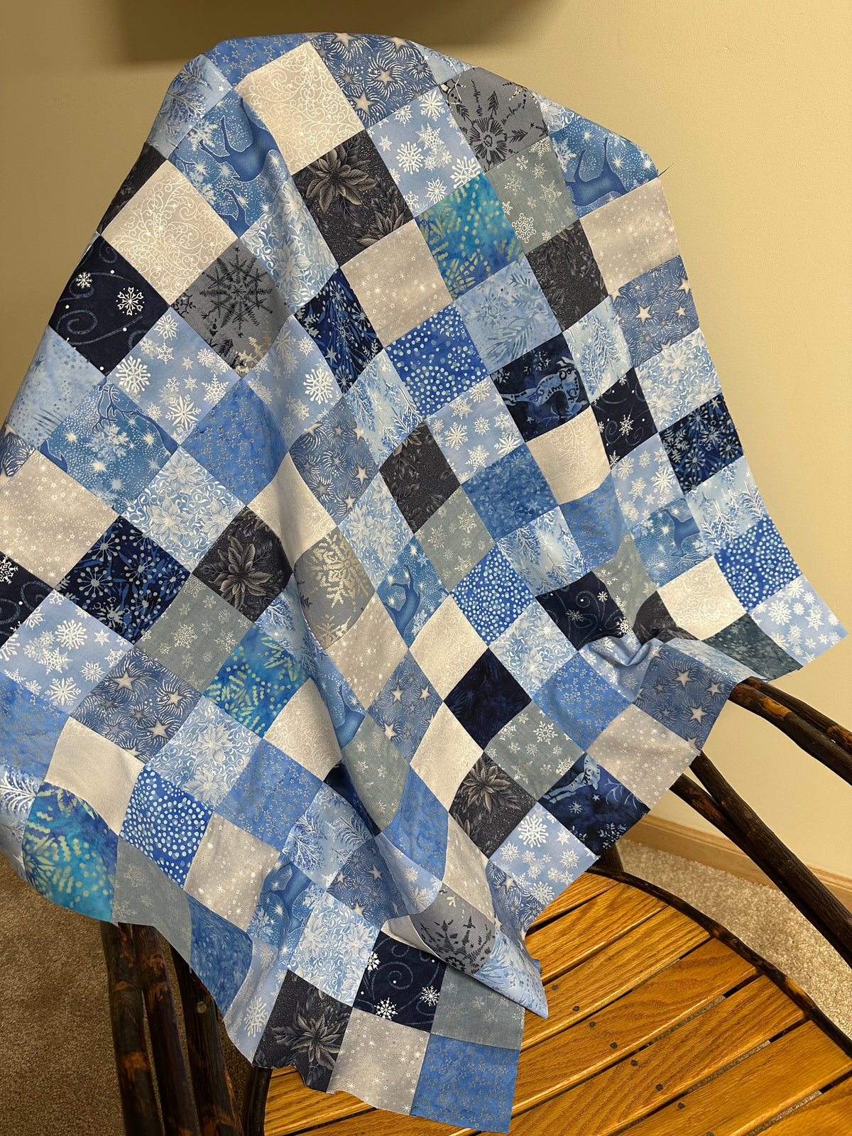 Handmade Christmas Unfinished Quilt Top – Blue, Silver, & White – 36" x 45"