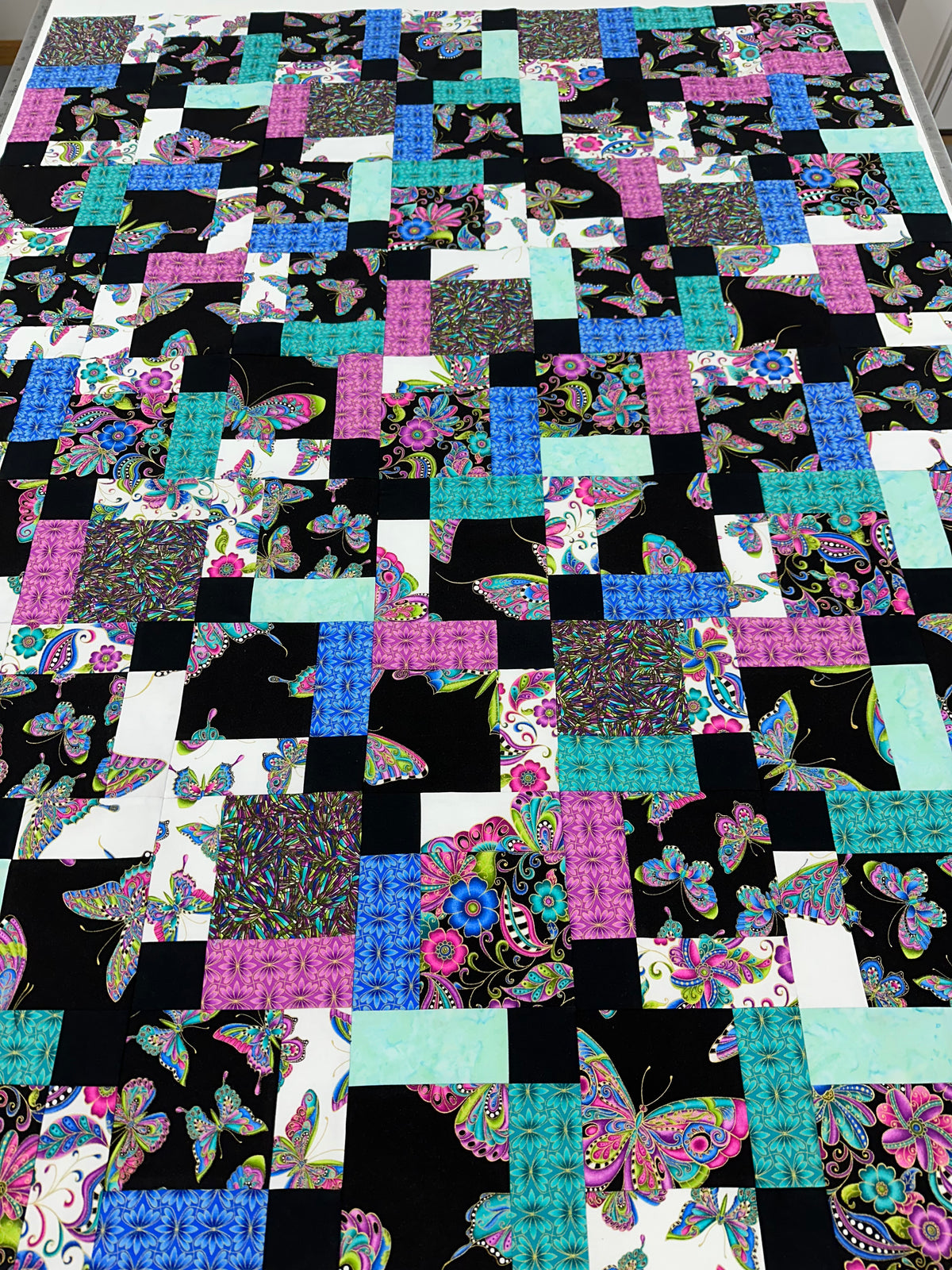 Handmade Floral Unfinished Quilt Top: Butterflies, Lap Quilt (45" x 58")