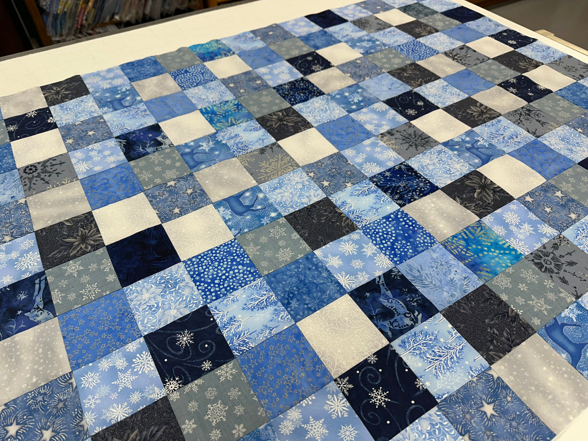 Handmade Christmas Unfinished Quilt Top – Blue, Silver, & White – 36" x 45"