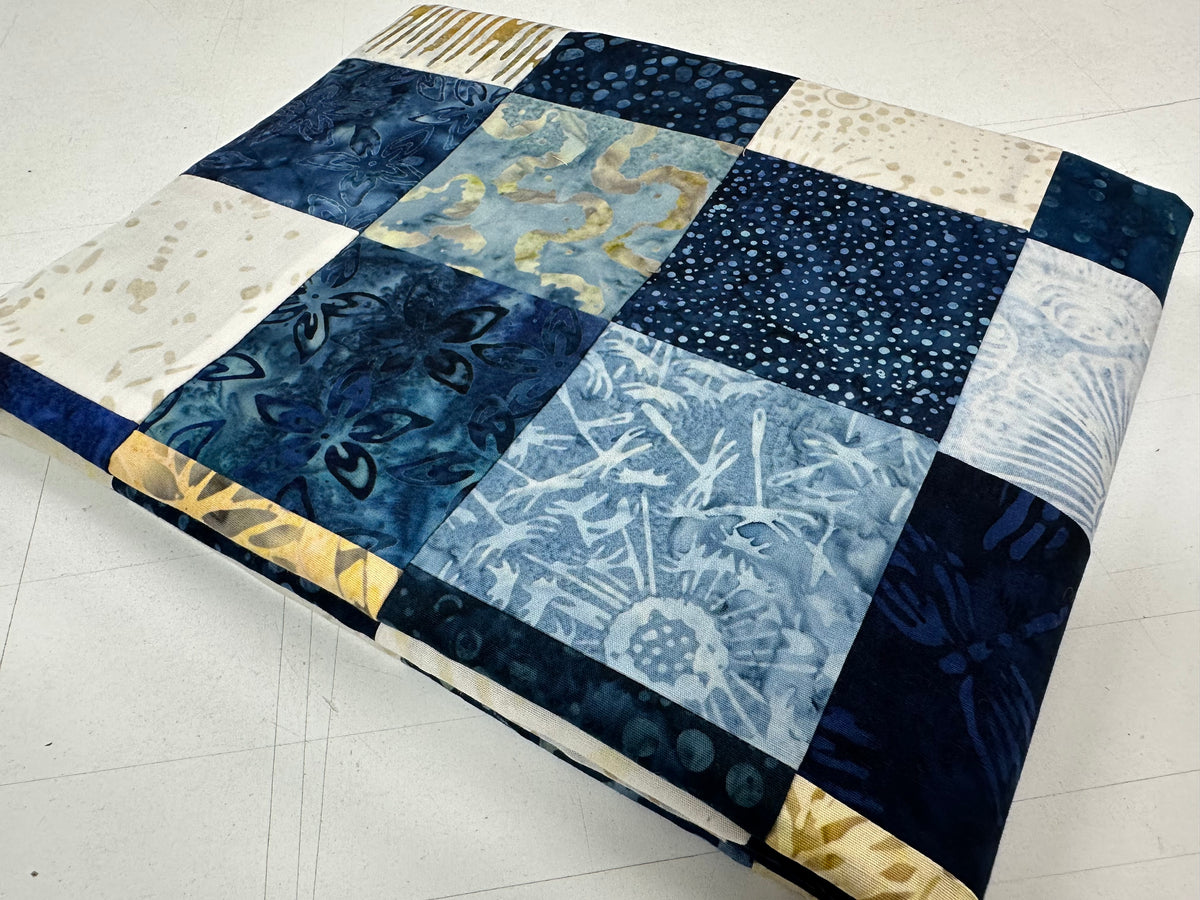 Handmade Blue Batik Unfinished Quilt Top, 36"x44", Lap Crib Throw Quilt Size
