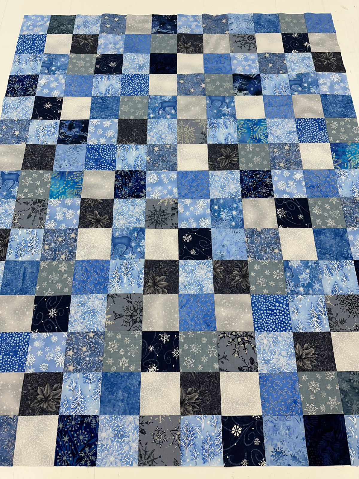 Handmade Christmas Unfinished Quilt Top – Blue, Silver, & White – 36" x 45"