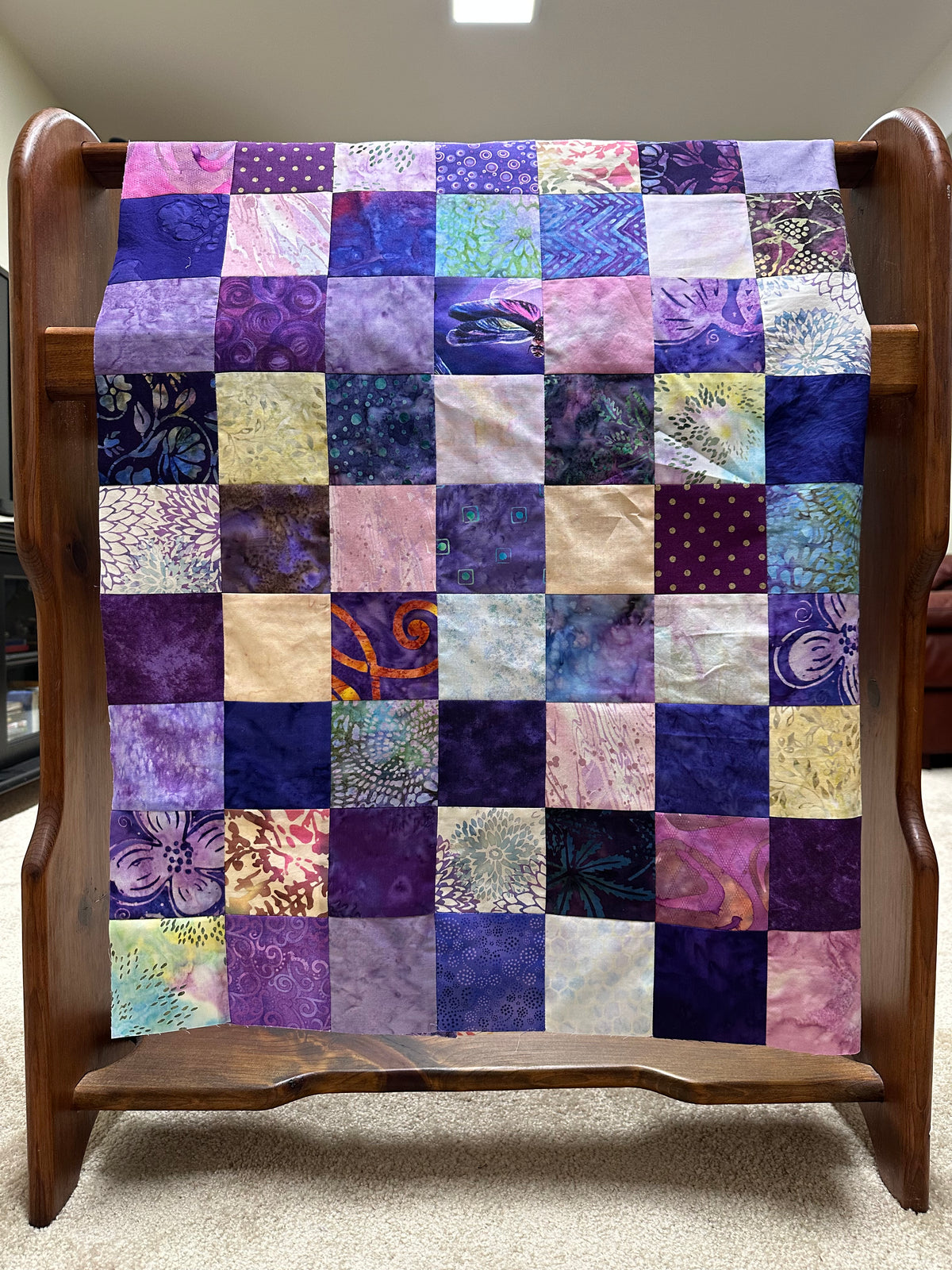 Handmade Purple Batik Quilt Top, 36"x44", Lap Crib Throw Quilt Size