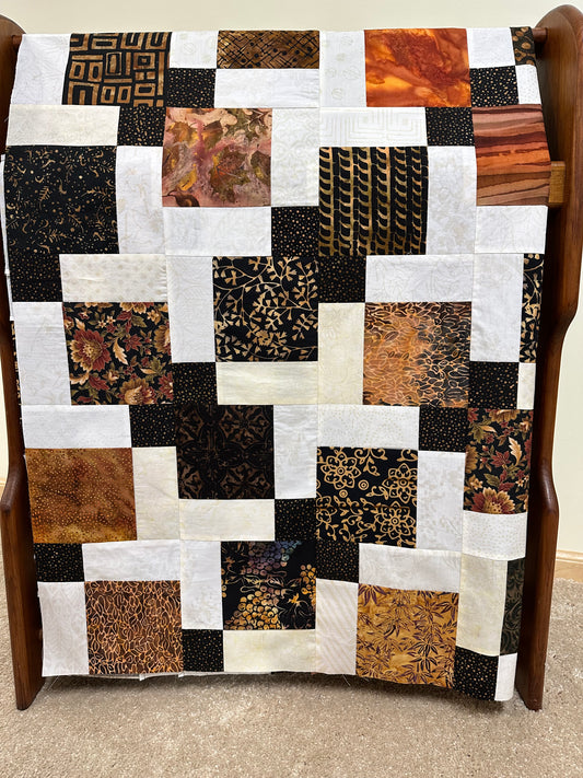 Handmade Batik Unfinished Quilt Top, Black, Brown, & Beige, 45" x 58", Lap Size