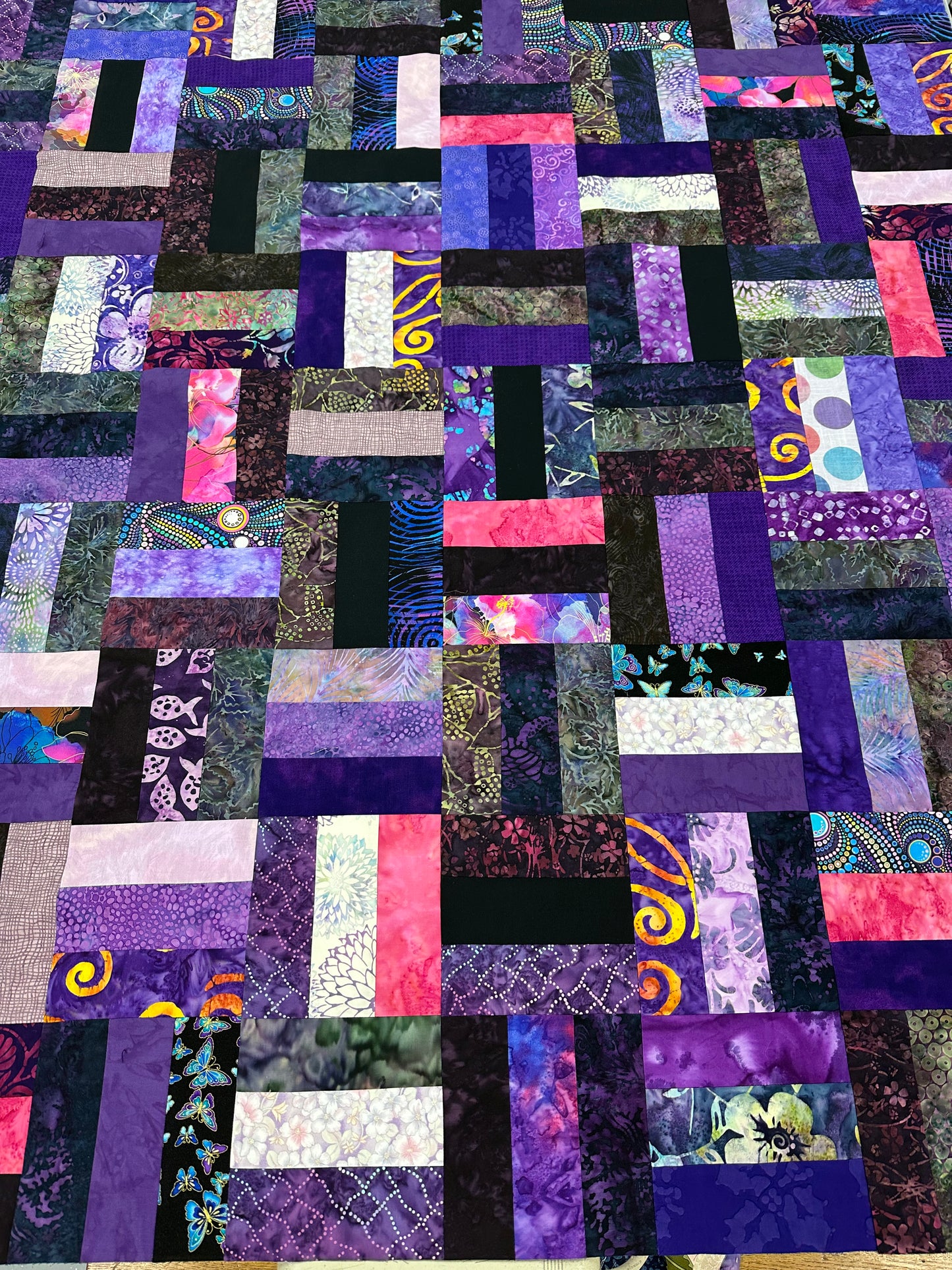 Handmade Purple & Pink Batik Quilt Top – 48"x60" Lap Throw Wall Quilt