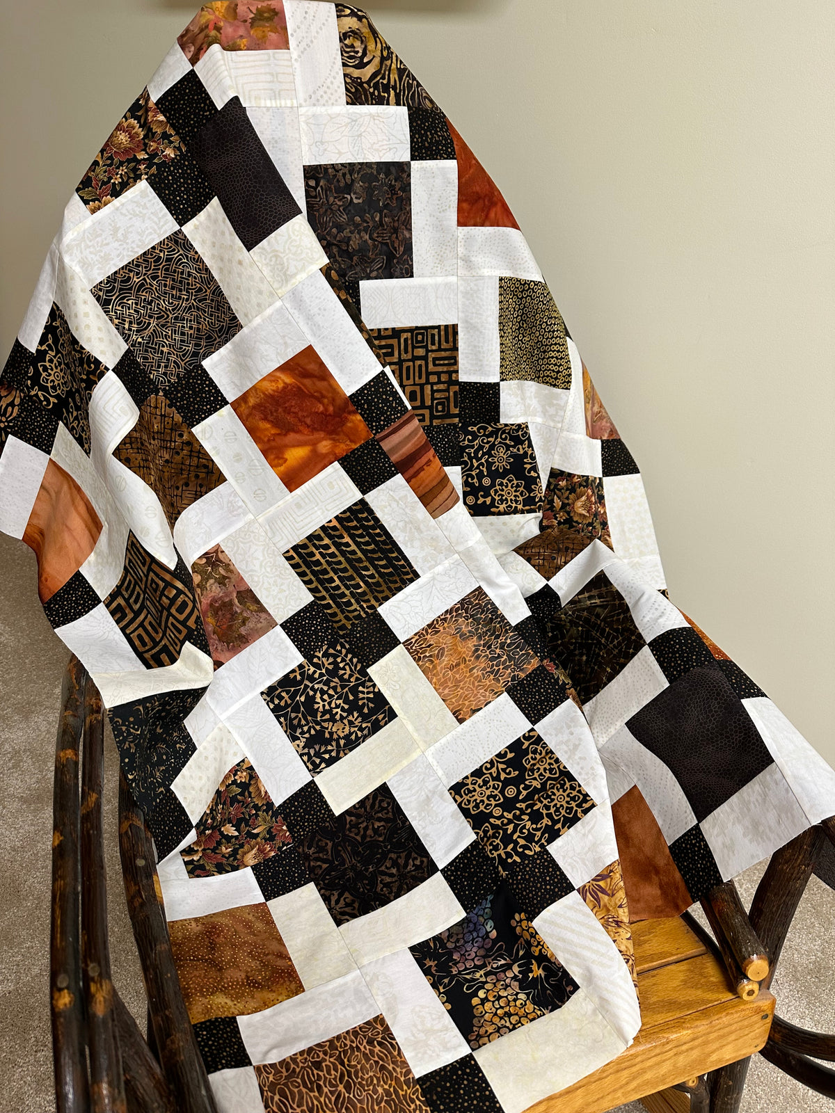 Handmade Batik Unfinished Quilt Top, Black, Brown, & Beige, 45" x 58", Lap Size