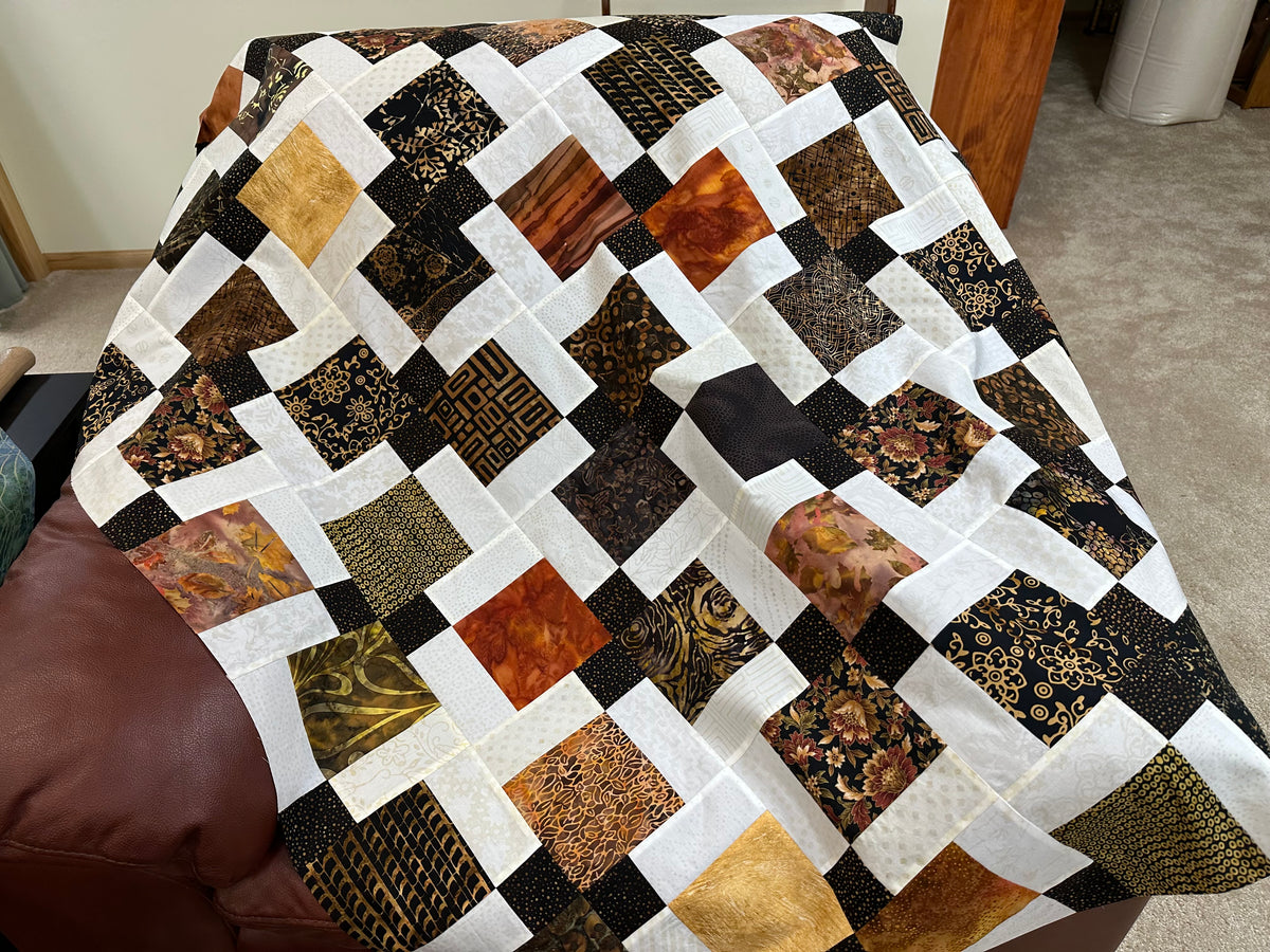 Handmade Batik Unfinished Quilt Top, Black, Brown, & Beige, 45" x 58", Lap Size