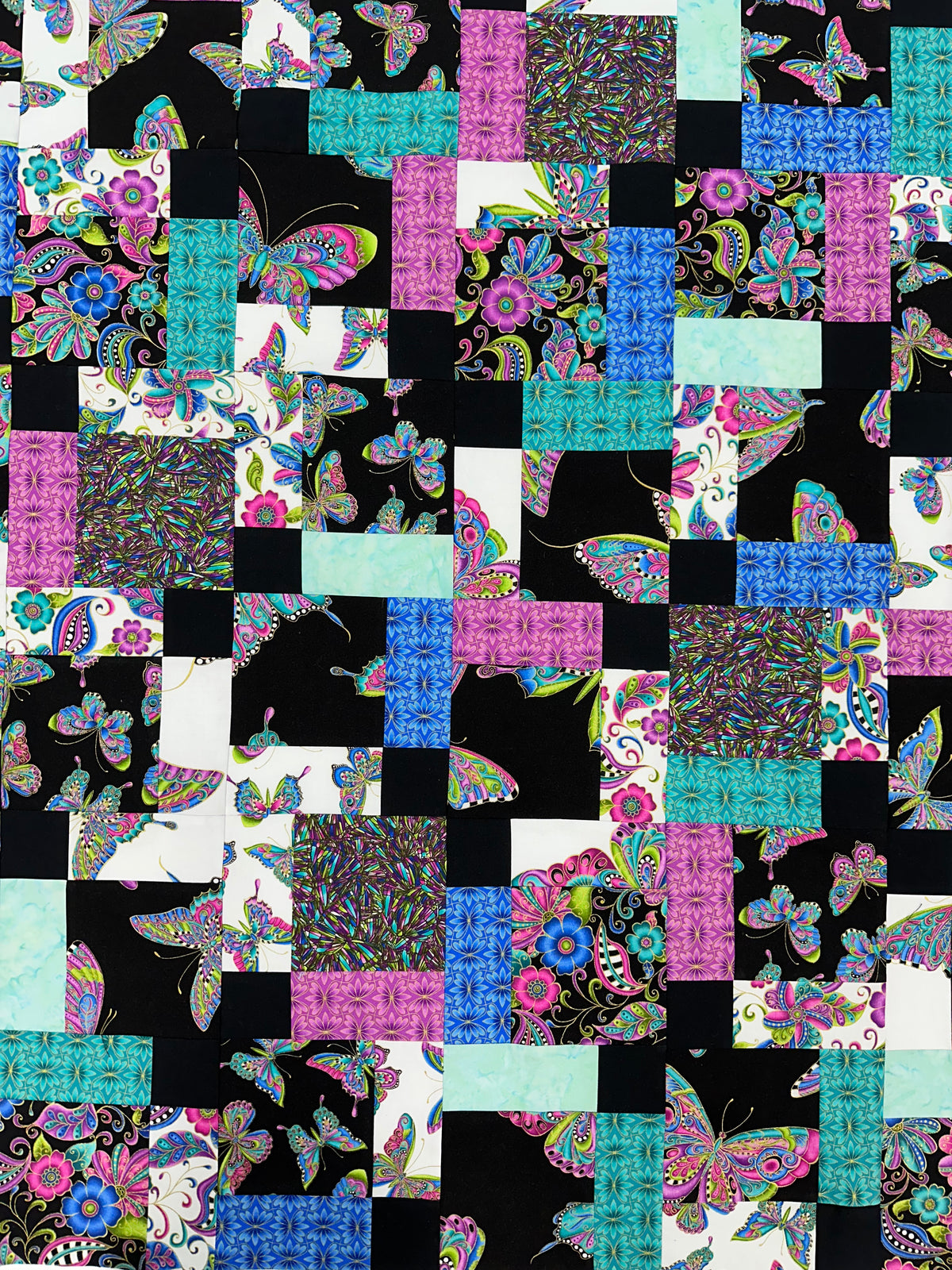 Handmade Floral Unfinished Quilt Top: Butterflies, Lap Quilt (45" x 58")