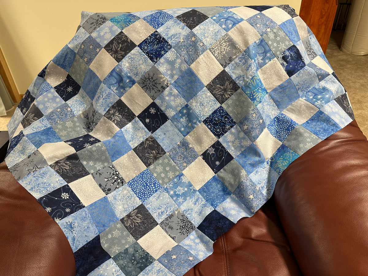Handmade Christmas Unfinished Quilt Top – Blue, Silver, & White – 36" x 45"