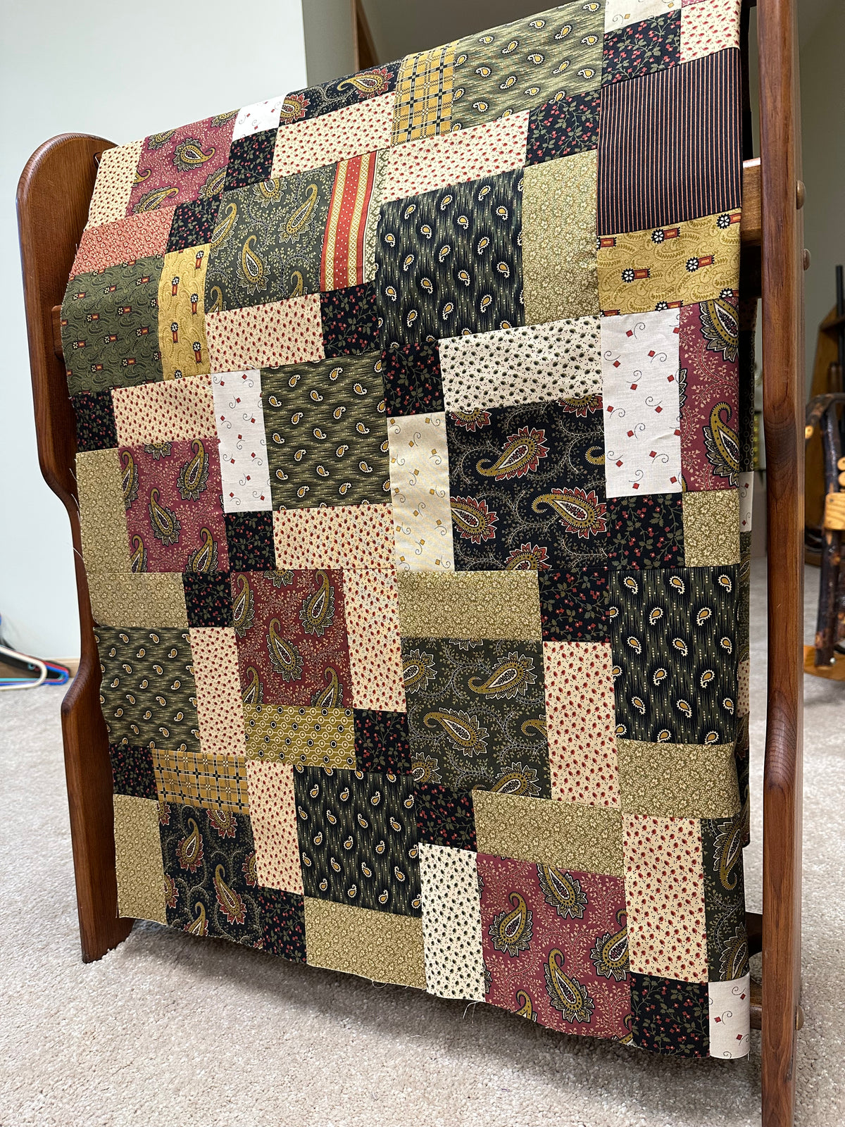 Handmade Unfinished Quilt Top, Reproduction Fabric, Green Red, 45"x58" Lap Throw