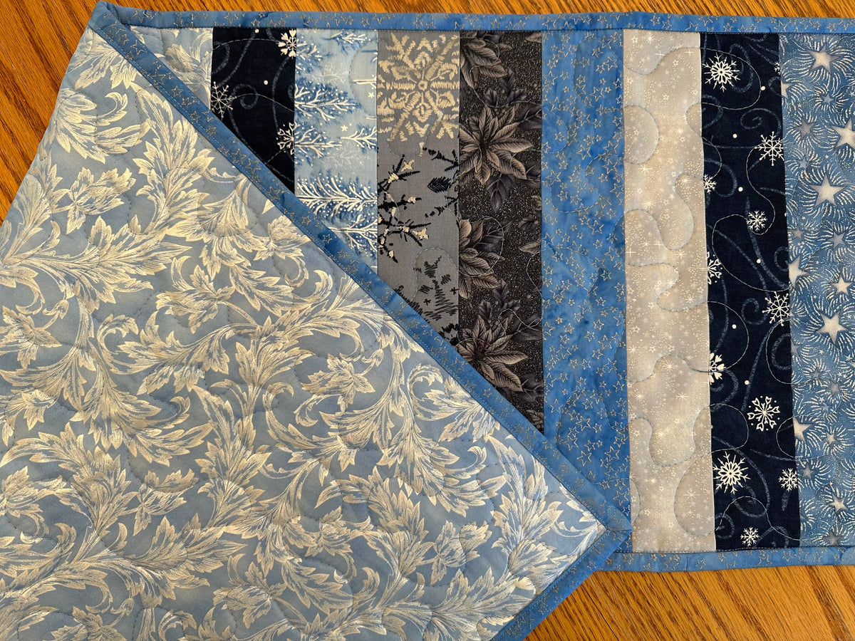 Blue Silver Snowflakes Winter Table Runner Quilted 13x40", Hanukkah Christmas