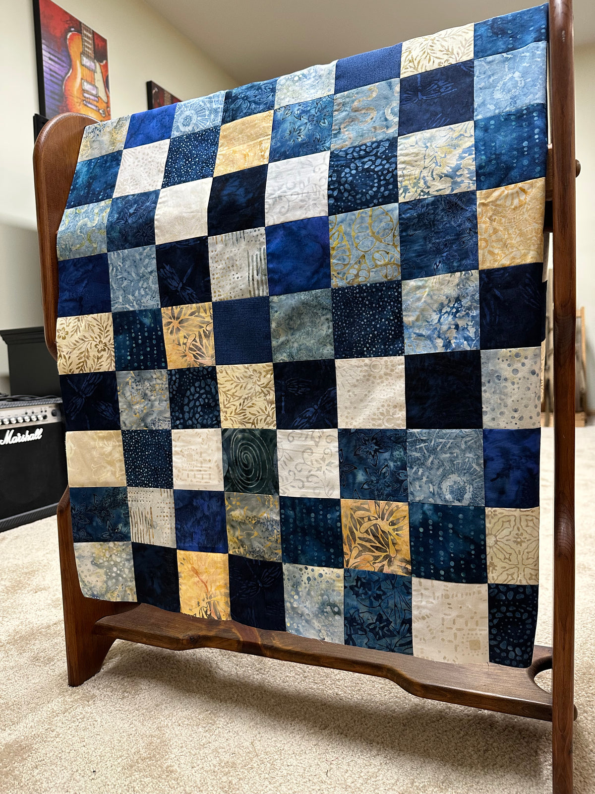 Handmade Blue Batik Unfinished Quilt Top, 36"x44", Lap Crib Throw Quilt Size