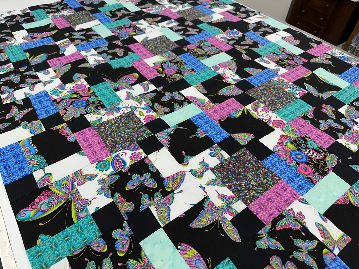 Handmade Floral Unfinished Quilt Top: Butterflies, Lap Quilt (45" x 58")