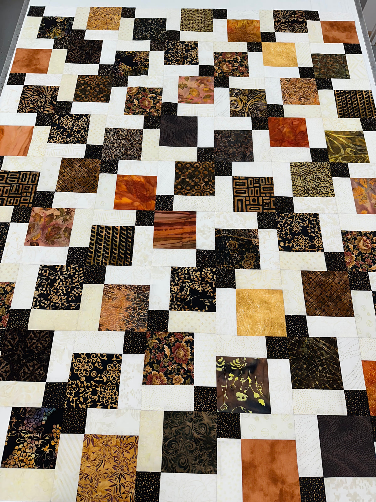 Handmade Batik Unfinished Quilt Top, Black, Brown, & Beige, 45" x 58", Lap Size