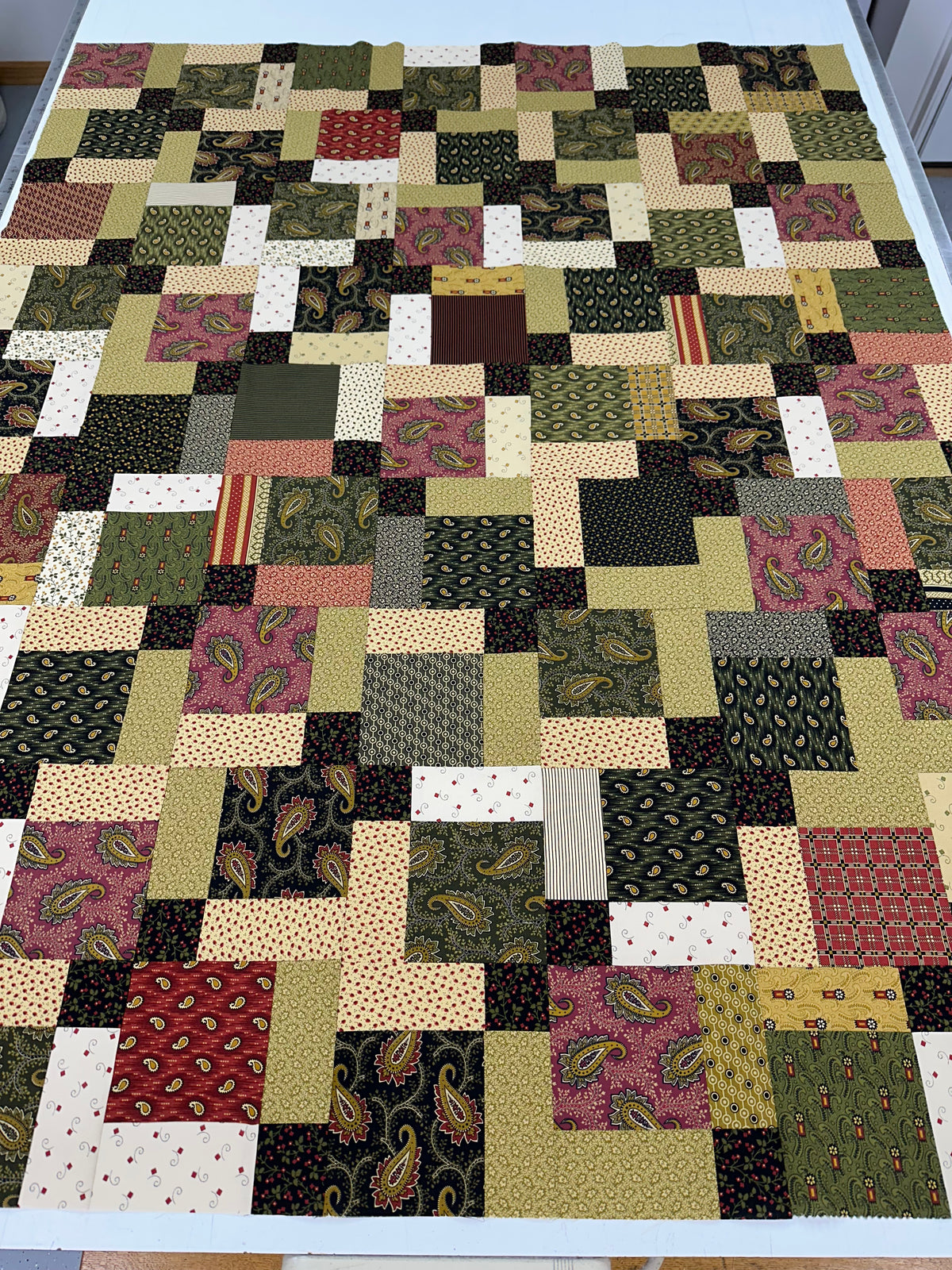Handmade Unfinished Quilt Top, Reproduction Fabric, Green Red, 45"x58" Lap Throw