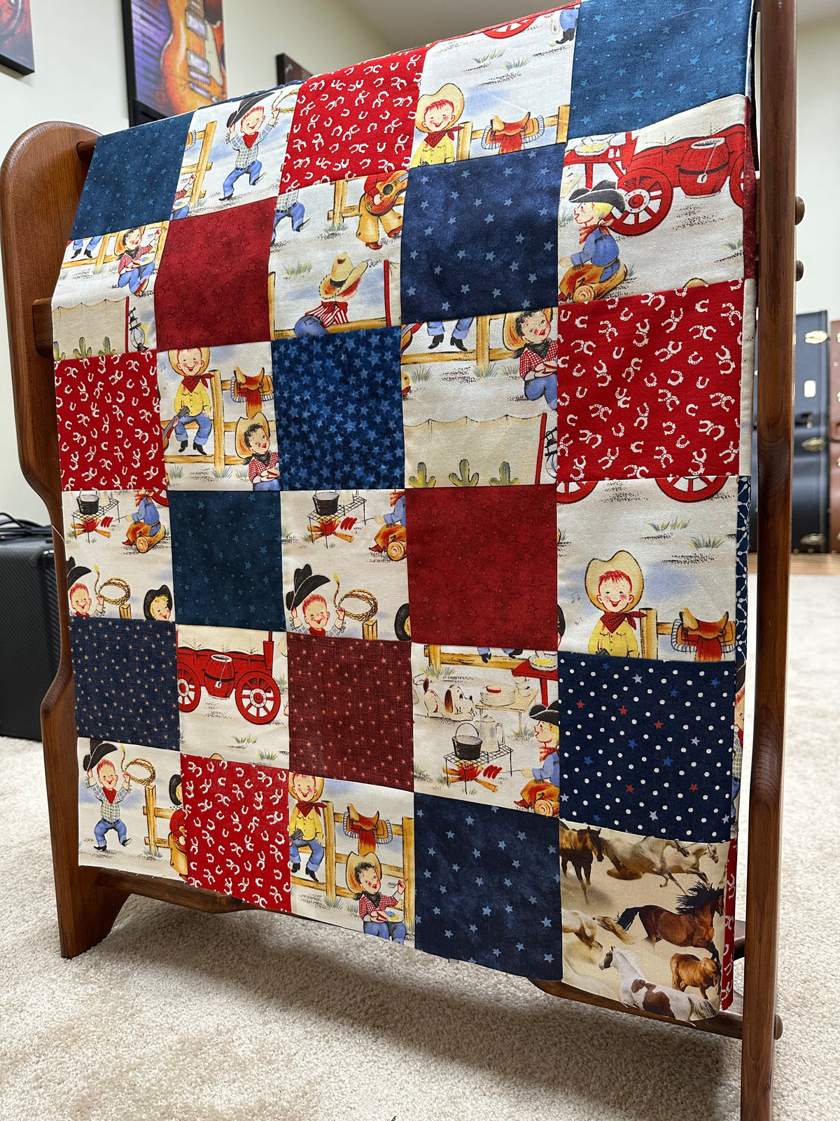 Handmade Unfinished Quilt Top, Baby Boy, Western, Lil Cowboy, Bandanas, 36"x45"