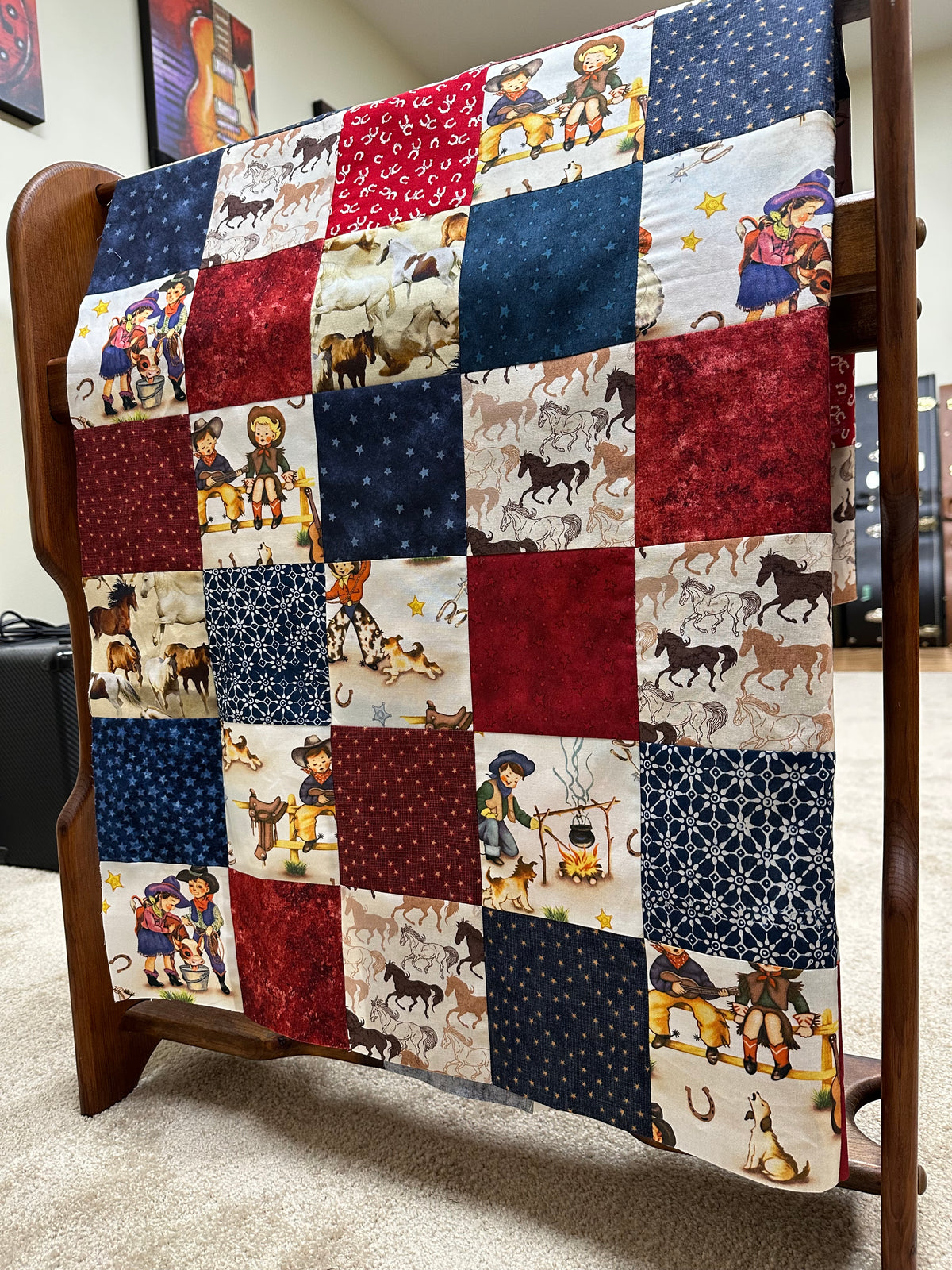 Handmade Unfinished Quilt Top, Baby Boy, Western, Lil Cowboy, Bandanas, 36"x45"