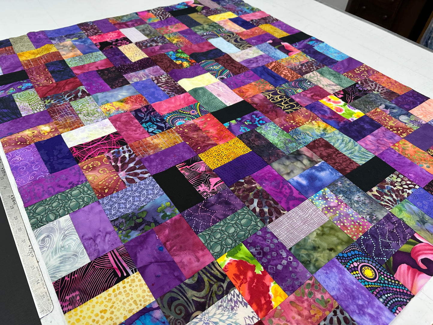 Handmade Purple & Pink Batik Quilt Top, 36"x44", Lap Crib Quilt Size
