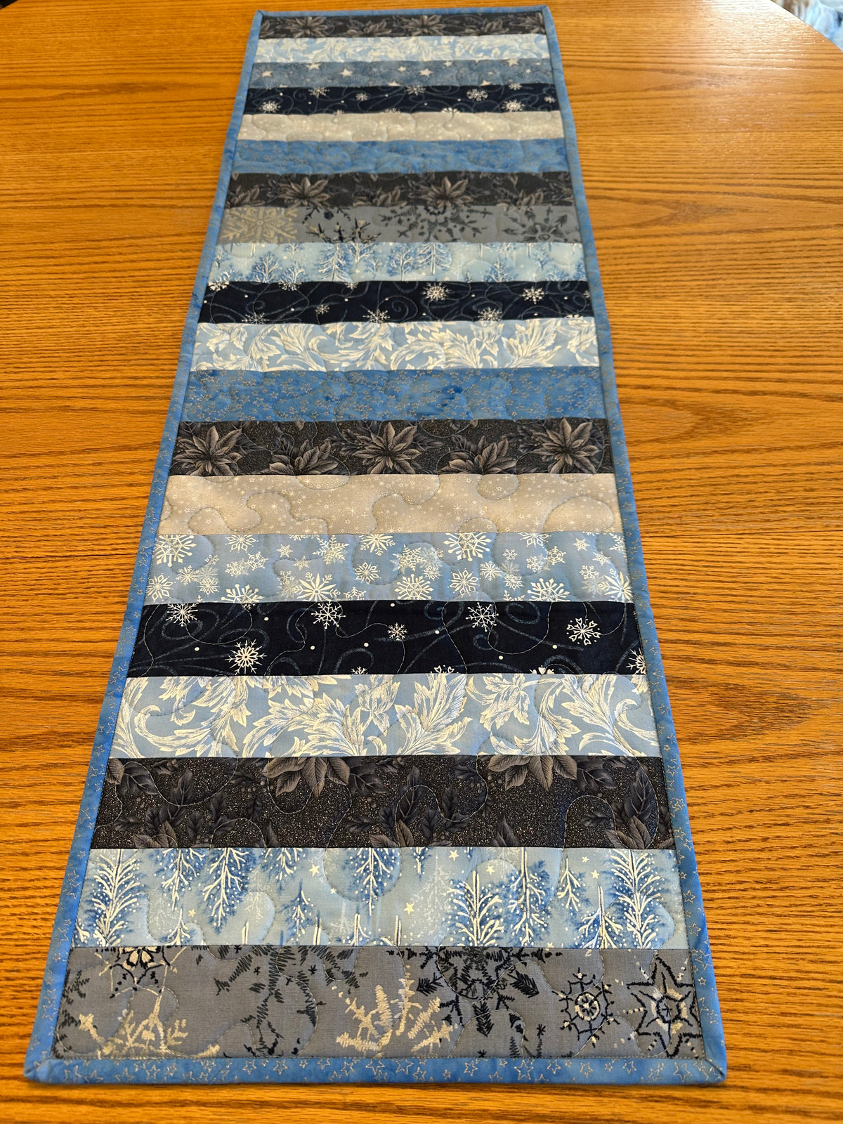 Blue Silver Snowflakes Winter Table Runner Quilted 13x40", Hanukkah Christmas