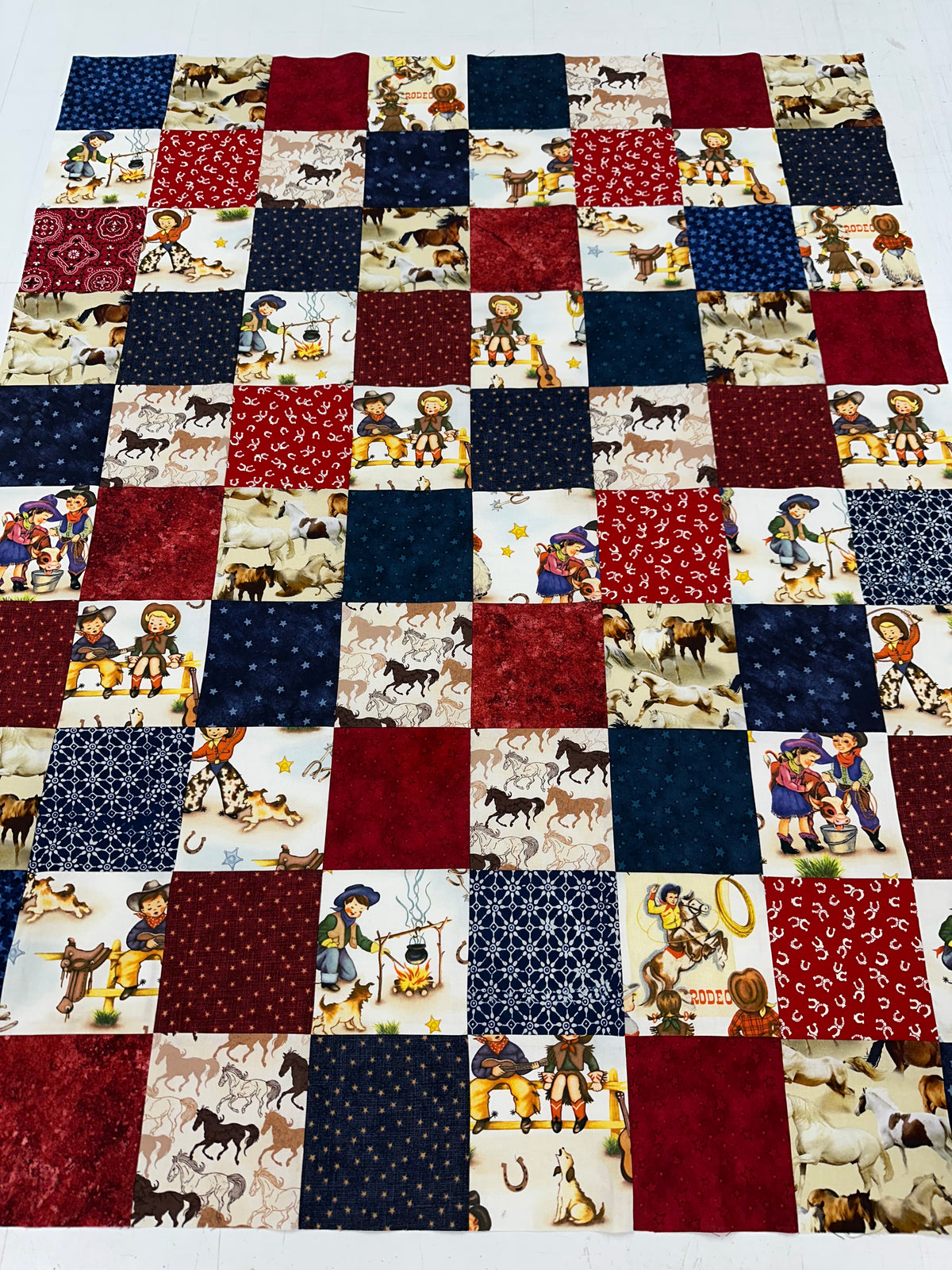 Handmade Unfinished Quilt Top, Baby Boy, Western, Lil Cowboy, Bandanas, 36"x45"