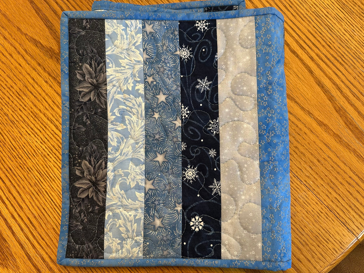 Blue Silver Snowflakes Winter Table Runner Quilted 13x32", Hanukkah Christmas