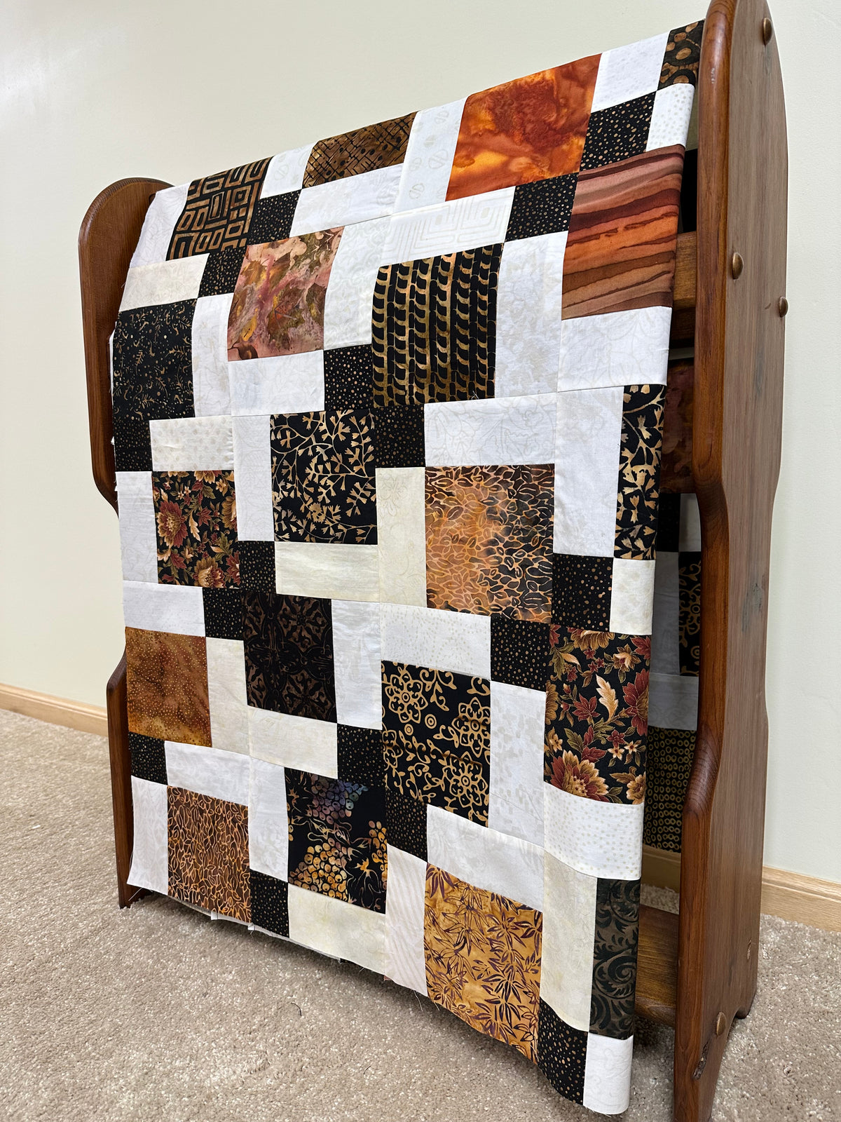 Handmade Batik Unfinished Quilt Top, Black, Brown, & Beige, 45" x 58", Lap Size